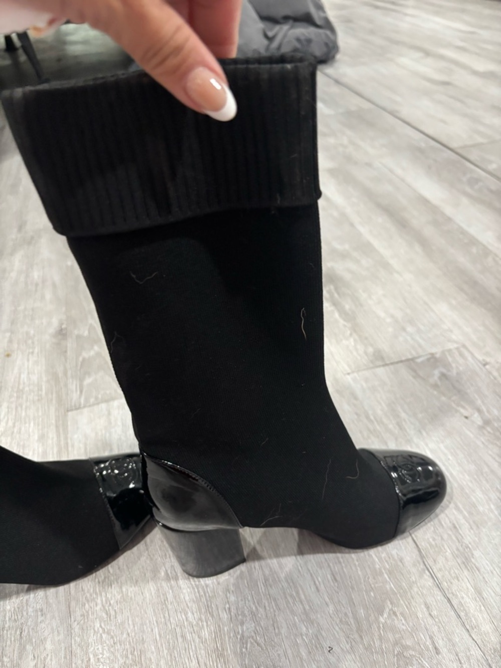 CHANEL Black Stretch Sock Boots with Glossy Patent Cap Toe - Picture 4 of 7